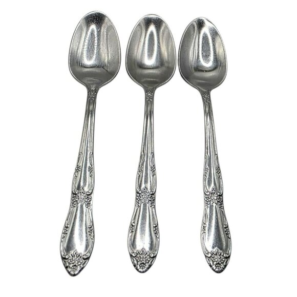 VTG Rogers Oneida Venus 2 Soup Spoons 3 Teaspoons Floral Stainless Replacement - Picture 5 of 7